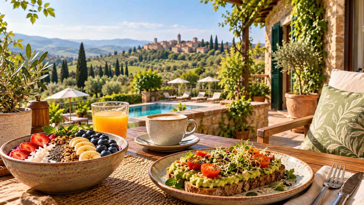 Colazione vegan su una terrazza di hotel immersa nel verde.