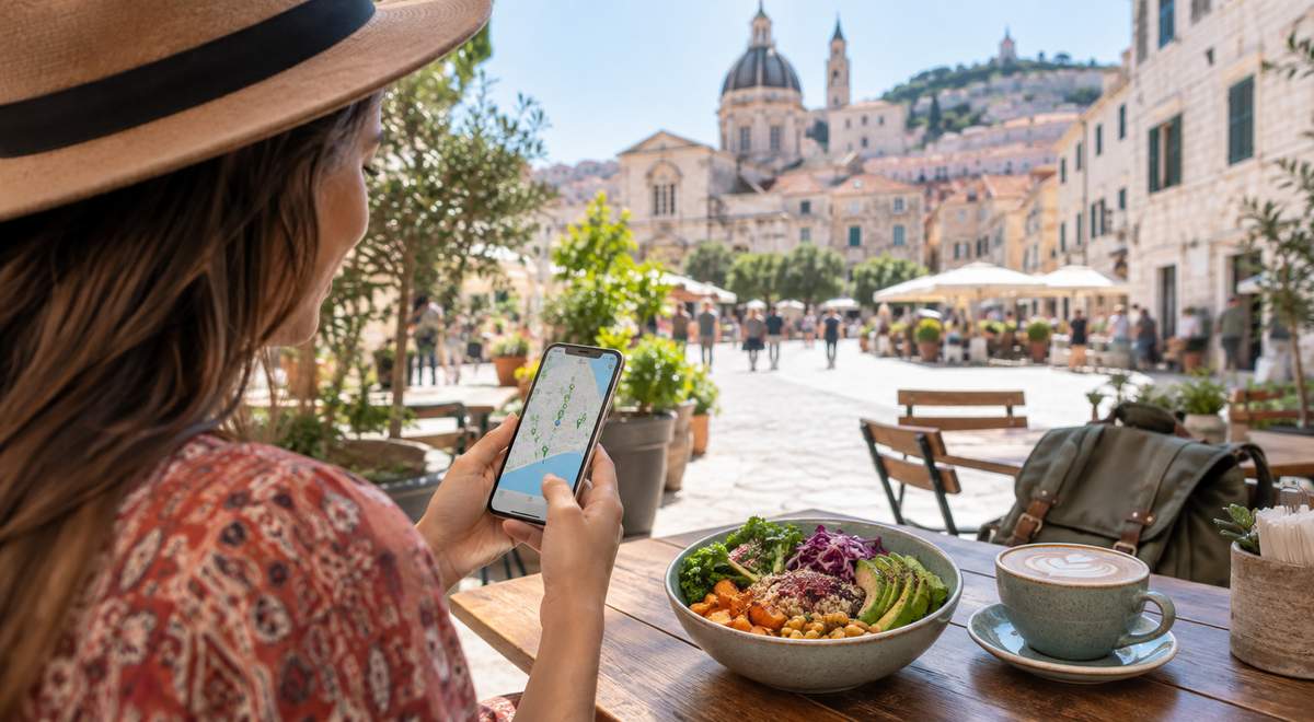 Viaggiatrice cerca ristoranti vegan sulla mappa dello smartphone