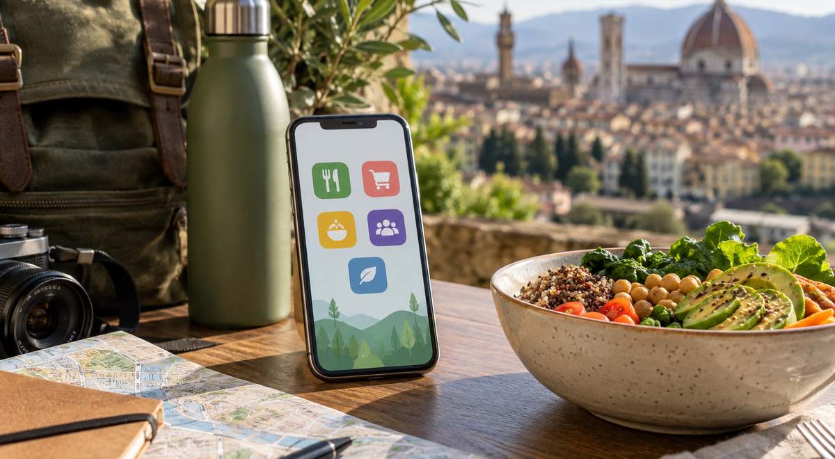 Smartphone con app dedicate al viaggio accanto a un piatto vegetale, una mappa e uno zaino