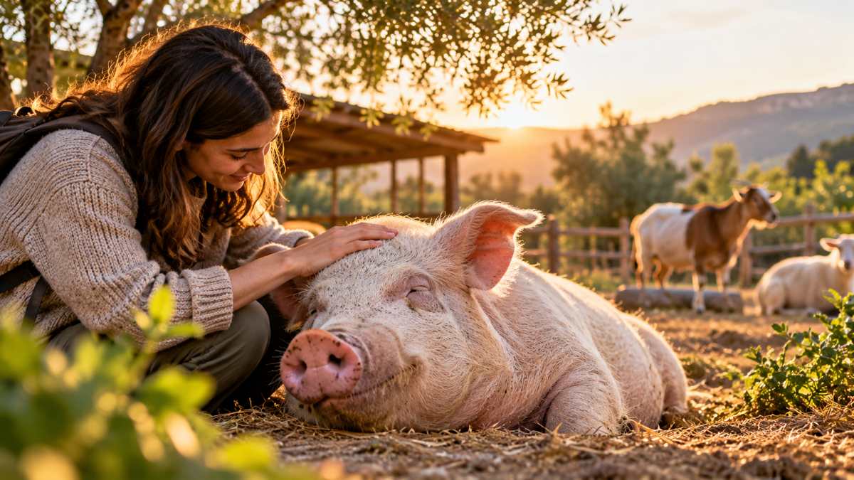 Persona accanto a un maiale in un santuario per animali immerso nella natura.