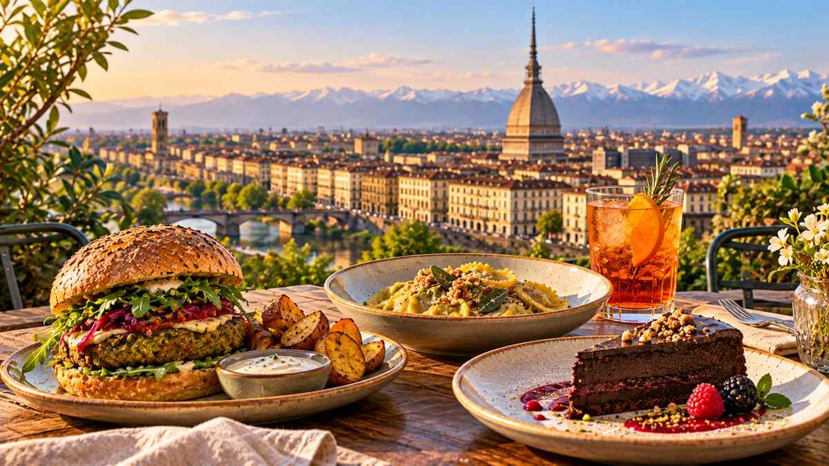 Piatti vegan con vista panoramica su Torino e sulla Mole Antonelliana