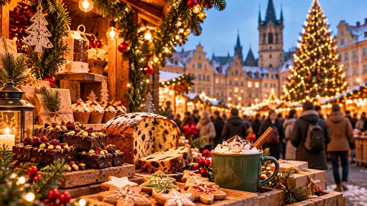 Mercatino di Natale con dolci e specialità vegetali tra bancarelle illuminate