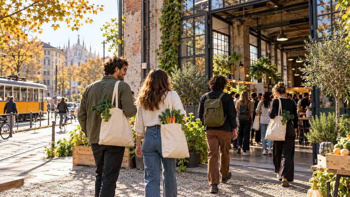 Illustrazione di persone che raggiungono un evento dedicato al mondo vegan a Milano, con un tram sullo sfondo