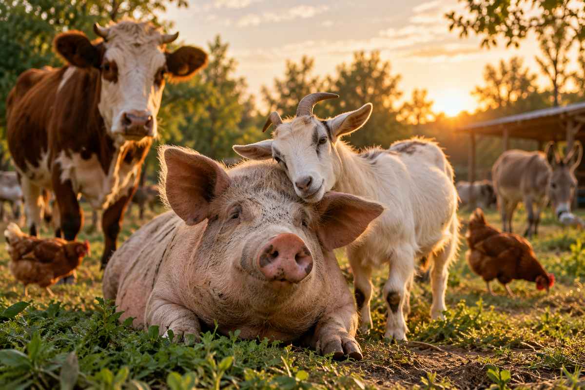 Maiale, capra e altri animali in un santuario per animali salvati